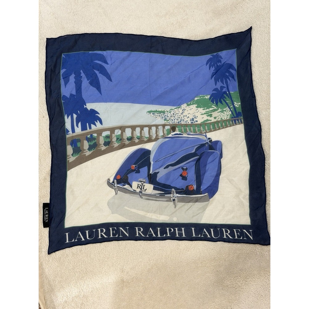 Lauren Ralph Lauren Square Scarf Classic Car Coastal Landscape Retro Inspired